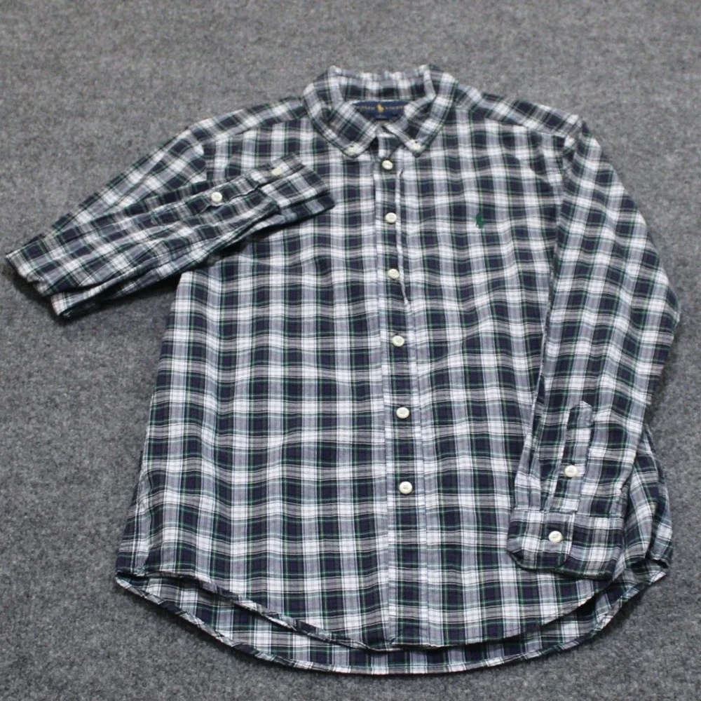 Ralph Lauren‎ Kids Plaid Button Down Shirt L/S Green Blue Size L 14-16 Cotton